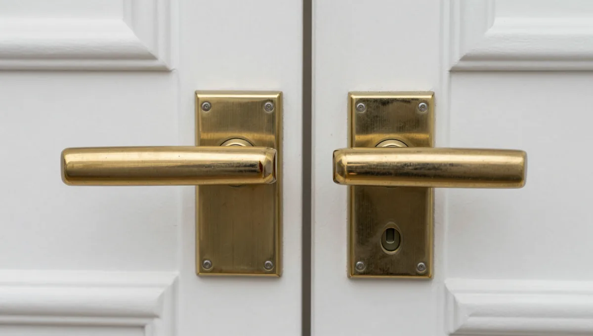 Zwei Messingbeschläge an einer weißen Altbau-Doppeltür