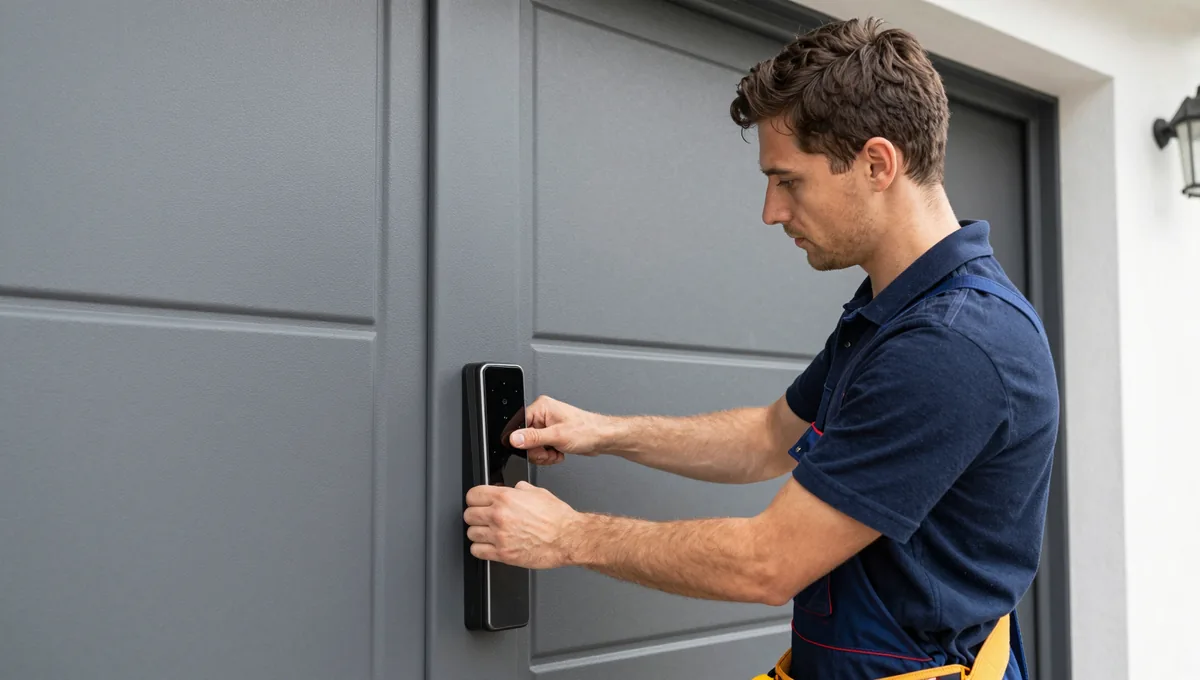 Techniker arbeitet am Schloss einer dunkelgrauen Haustür