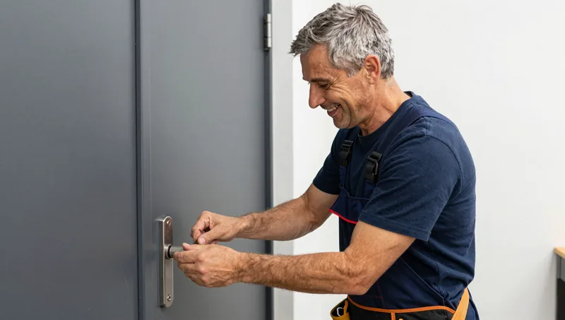 Fachkraft öffnet eine graue Wohnungstür zerstörungsfrei am Schließzylinder
