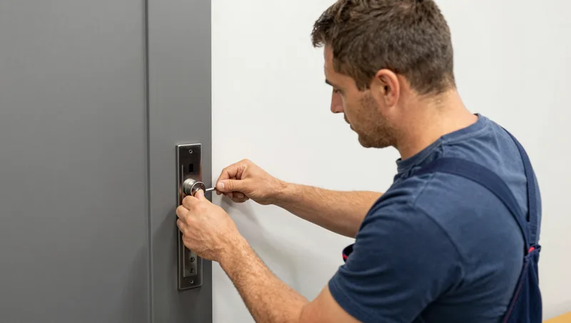 Techniker tauscht den Schließzylinder einer Wohnungstür